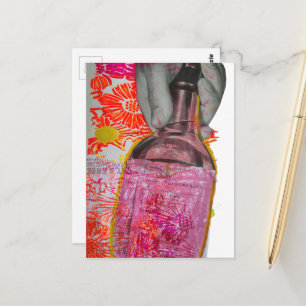 Whisky Flasche Pink Orange Mixed Media Collage Postkarte