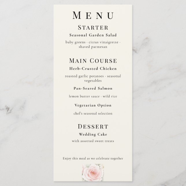 Whispered Petals Elegant Minimalist Wedding Menükarte (Vorderseite)