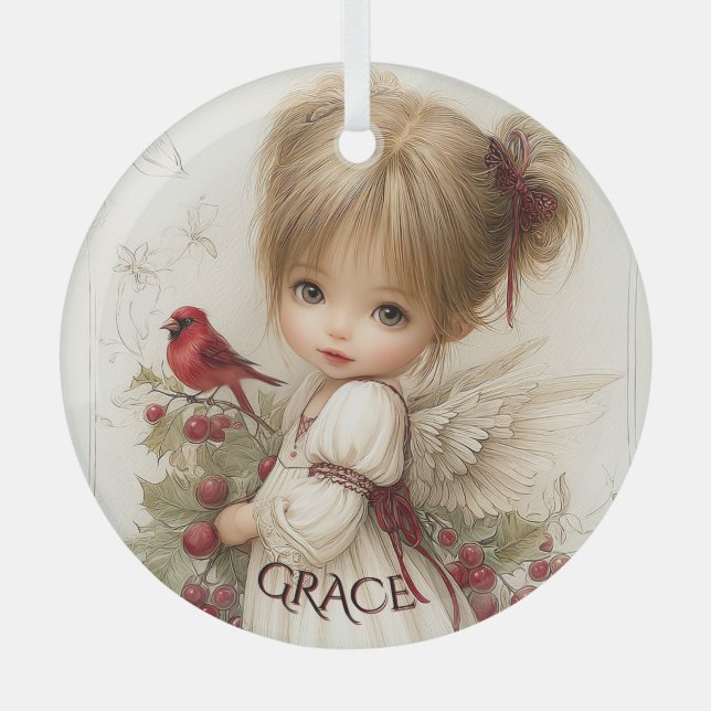 Whispers of Winter – Fairy Child with Cardinal  Ornament Aus Glas (Vorderseite)