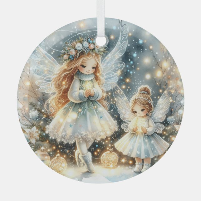 Whispers of Winterlight: Enchanted Snow Fairies Ornament Aus Glas (Vorderseite)