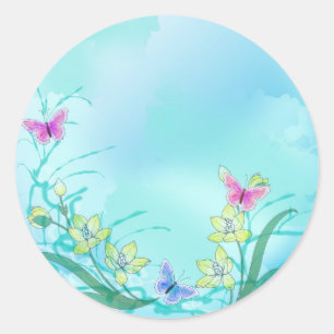 Whispy Blau mit Blumen und Schmetterlingen Runder Aufkleber