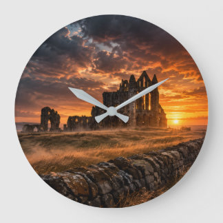 Whitby Abbey Gotische Sonnenuntergangs-Rundwanduhr Große Wanduhr