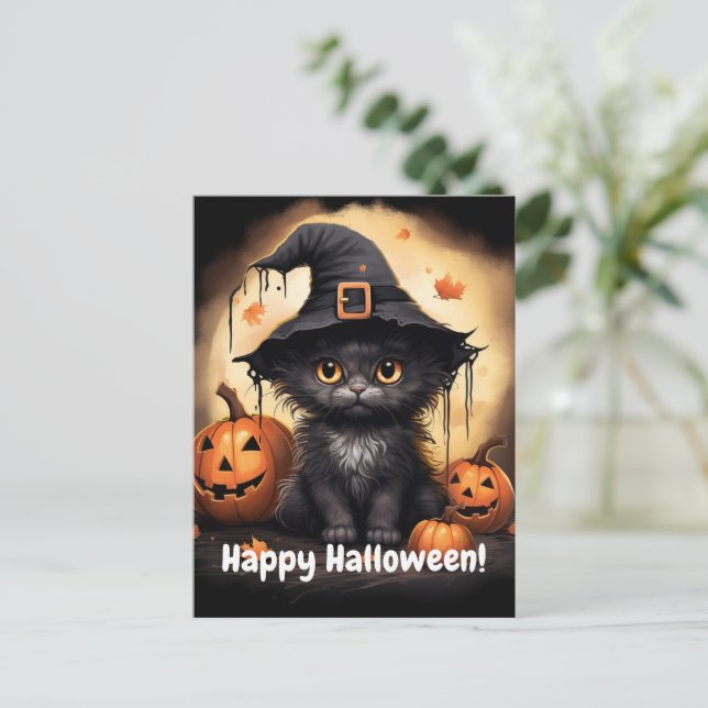 Whitchy Black Kitty Pumpkin Halloween Postkarte (Stehend Vorderseite)