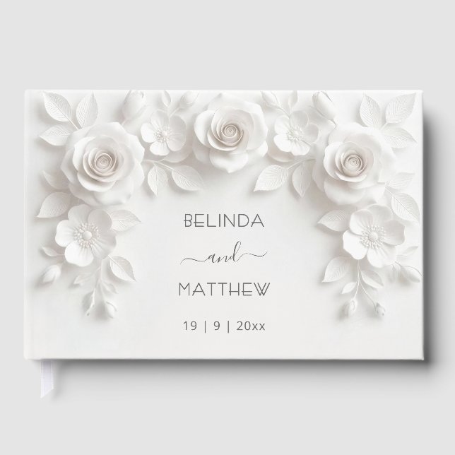 White 3D Floral Roses | Wedding Gästebuch (Vorderseite)
