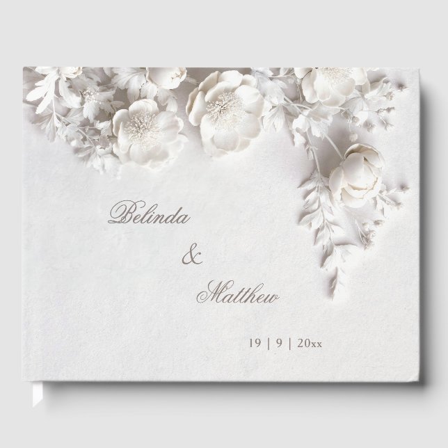 White 3D Floral Roses | Wedding Gästebuch (Vorderseite)