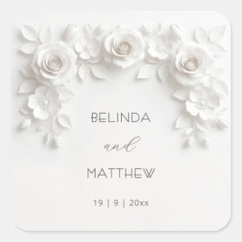 White 3D Floral Roses | Wedding Quadratischer Aufkleber