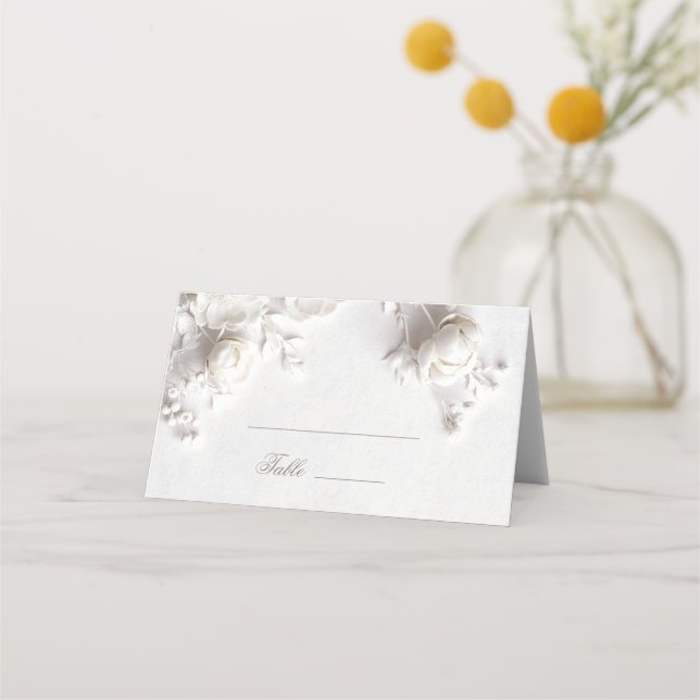 White 3D Flowers Arched Wedding Platzkarte (Vorderseite)