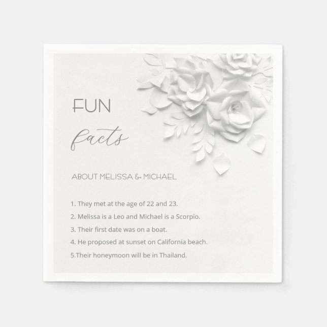 White 3D Flowers Roses Fun Facts Wedding  Serviette (Vorderseite)