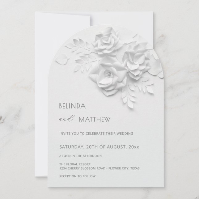White 3D Flowers Roses Minimalist Wedding Einladung (Vorderseite)