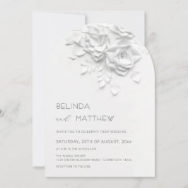 White 3D Flowers Roses Minimalist Wedding Einladung