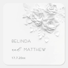 White 3D Flowers Roses Minimalist Wedding  Quadratischer Aufkleber