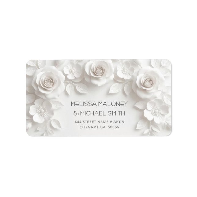 White 3D Flowers Roses Wedding Adressaufkleber (Vorne)