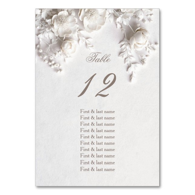 White 3D Roses Wedding Guest Names  Tischnummer (Vorderseite)