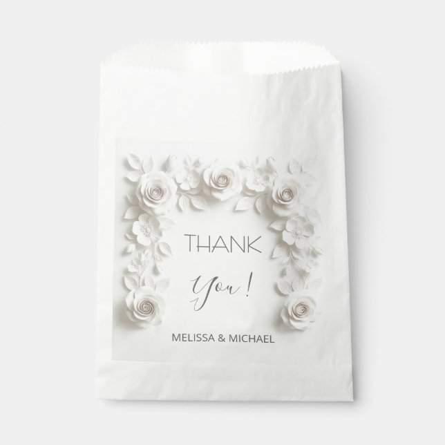 White 3D Roses Wedding Thank You Geschenktütchen (Vorderseite)