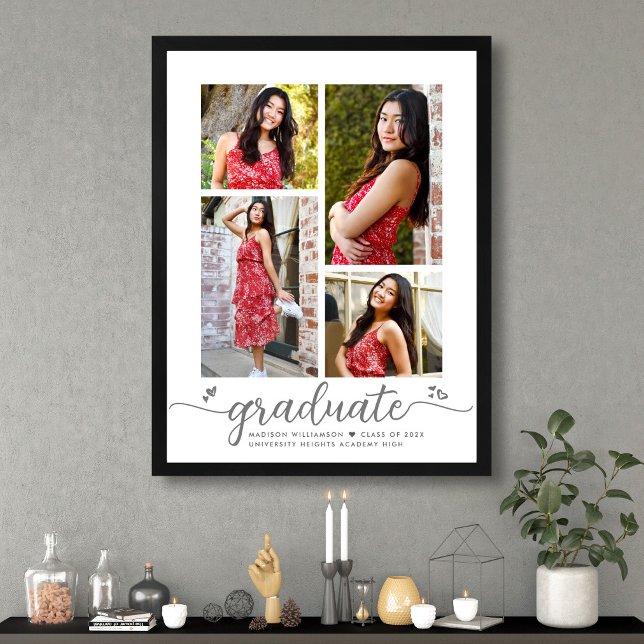White Abschluss 4 Foto Grau Script Hearts Girly Poster (Von Creator hochgeladen)