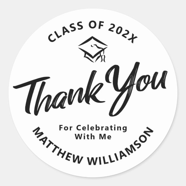 White Abschluss Bold Black Script Cap Vielen Dank Runder Aufkleber (Vorderseite)