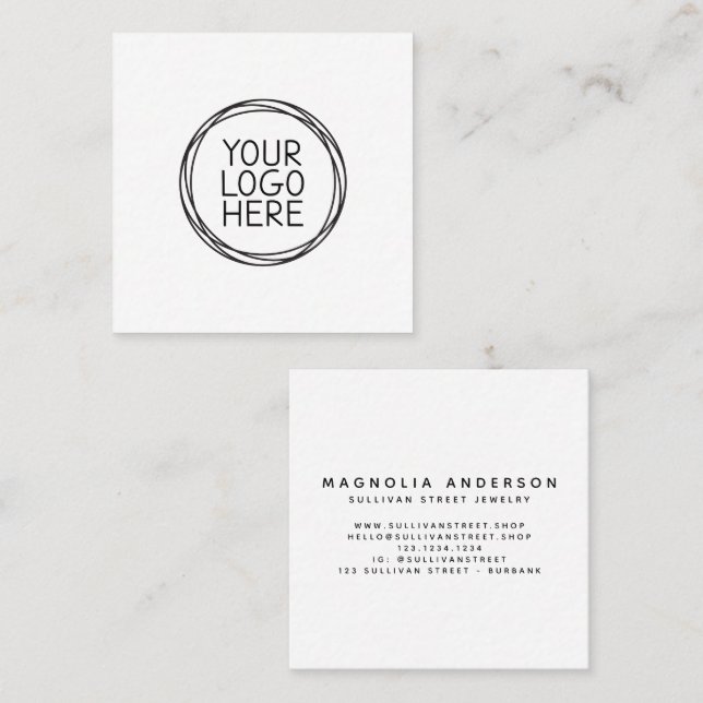 White Add Your Logo Modern Square Business Card Quadratische Visitenkarte (Vorne/Hinten)