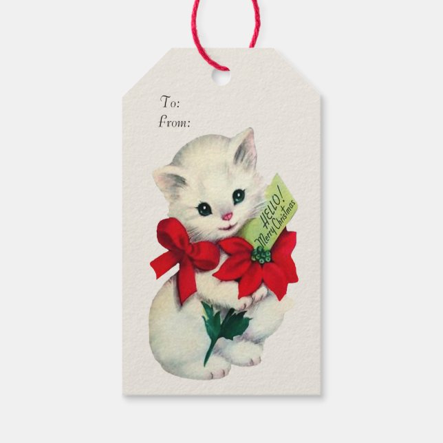 White Adorable Retro Christmas Kitten Red Bow Geschenkanhänger (Rückseite)