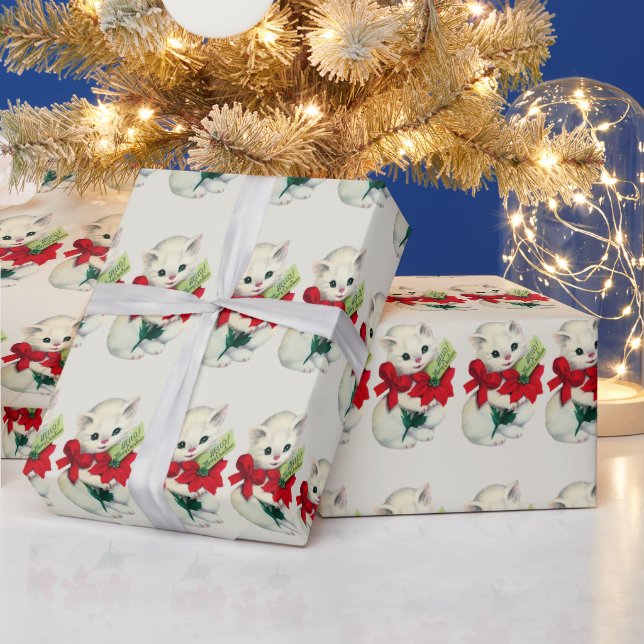 White Adorable Retro Christmas Kitten Red Bow Geschenkpapier (Feiertage)