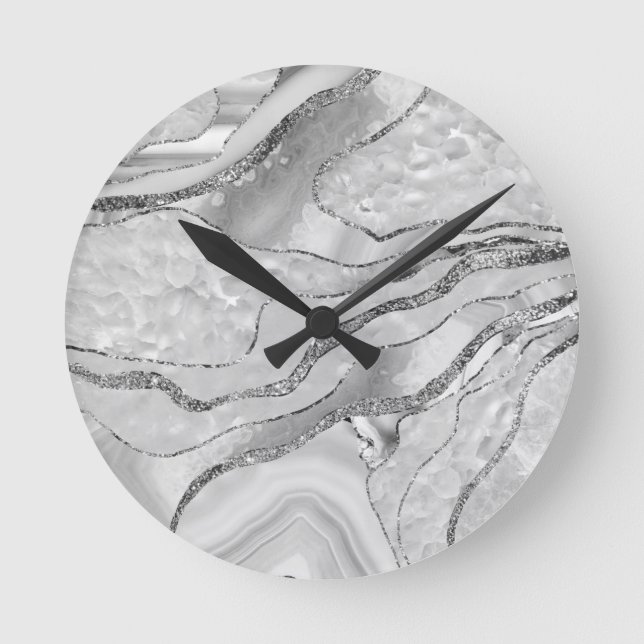 White Agate Silver Glitzer Glam #1 (Imitate Glitze Runde Wanduhr (Vorderseite)