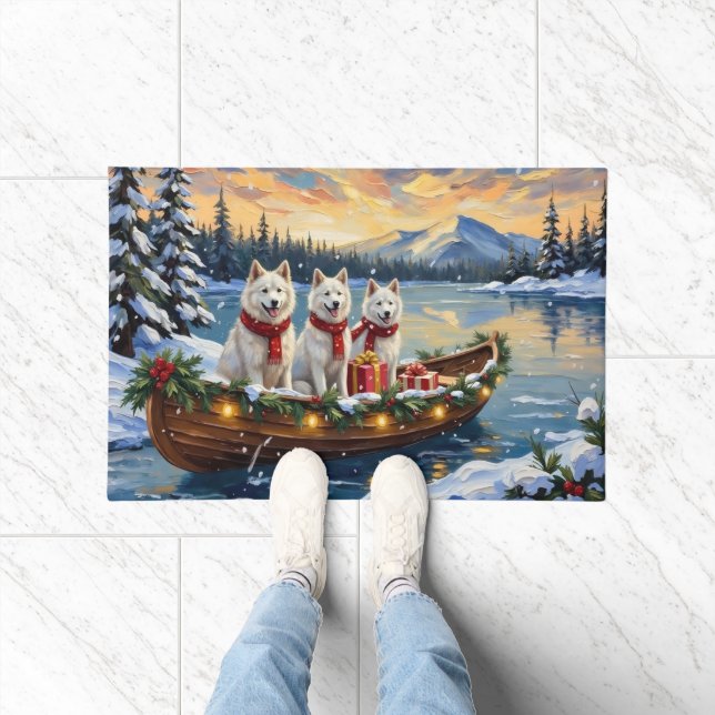 White American Eskimo Dog Christmas Boat Holiday Fußmatte (Indoor)