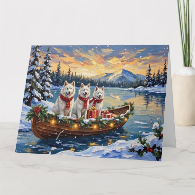 White American Eskimo Dog Christmas Boat Holiday Karte (Vorderseite)