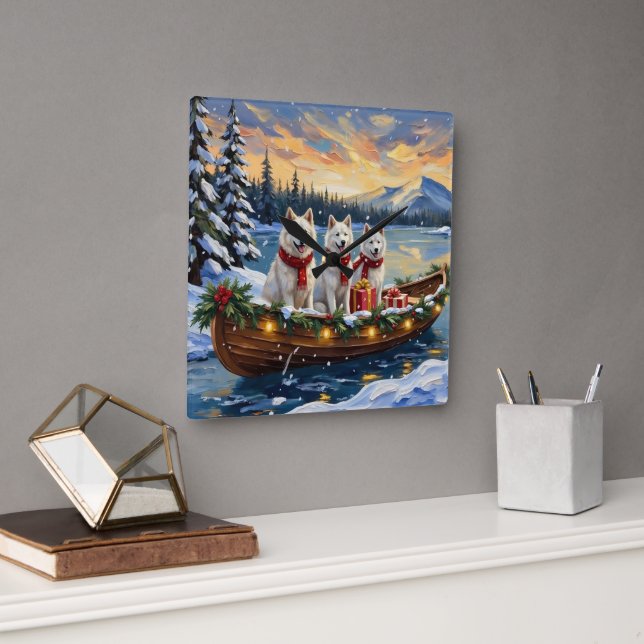 White American Eskimo Dog Christmas Boat Holiday Quadratische Wanduhr (Büro)