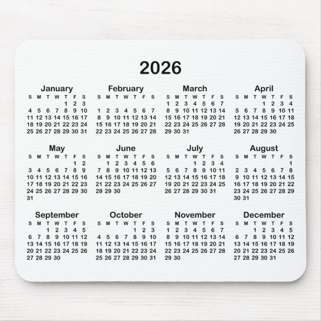 White and Black 2026 Calendar Mousepad (Vorne)