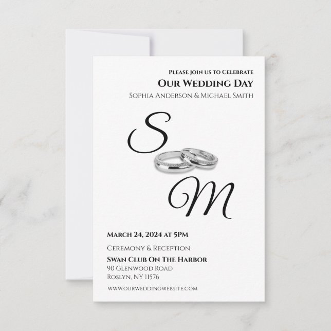 White and Black Affair Monogram Wedding Rings- Einladung (Vorderseite)