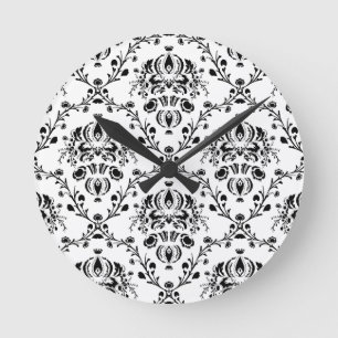 White and Black Damask Runde Wanduhr