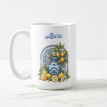 White and Blue Amalfi Keramik Vase Lemons Italien