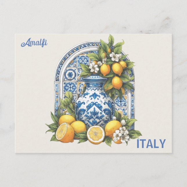 White and Blue Amalfi Keramik Vase Lemons Italien Postkarte (Vorderseite)