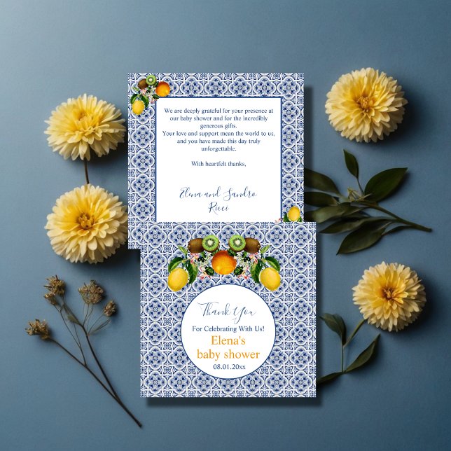 White and Blue Amalfi Lemons Italien Babydusche Dankeskarte (Von Creator hochgeladen)