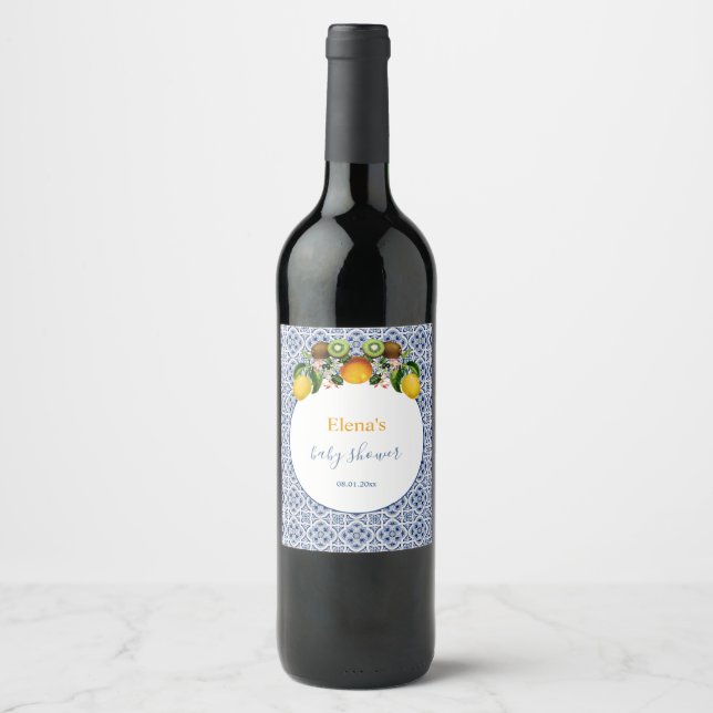 White and Blue Amalfi Lemons Italien Babydusche Weinetikett (Vorderseite)