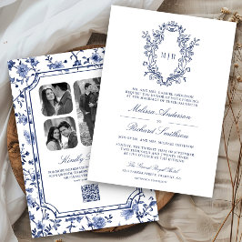 White and Blue Chinoiserie Wappen QR Code Wedding Einladung