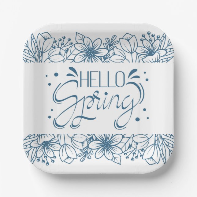 White and Blue Hello Spring Paper Plate Pappteller (Vorderseite)