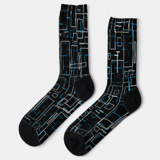 White and Blue Lined Pattern over Black Socken