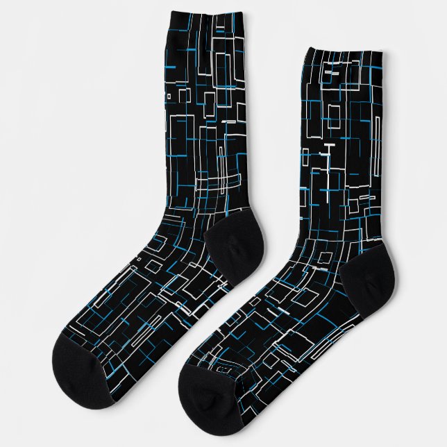 White and Blue Lined Pattern over Black Socken (Linkes Detail)