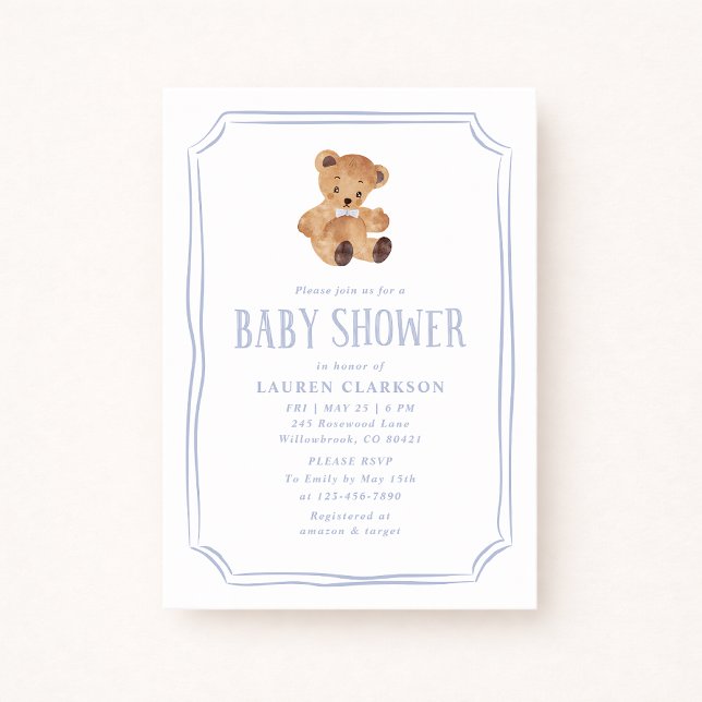 White and Blue Teddy Bear Baby Shower Invitation (Créateur téléchargé)