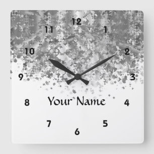 White and faux glitter personalized quadratische wanduhr