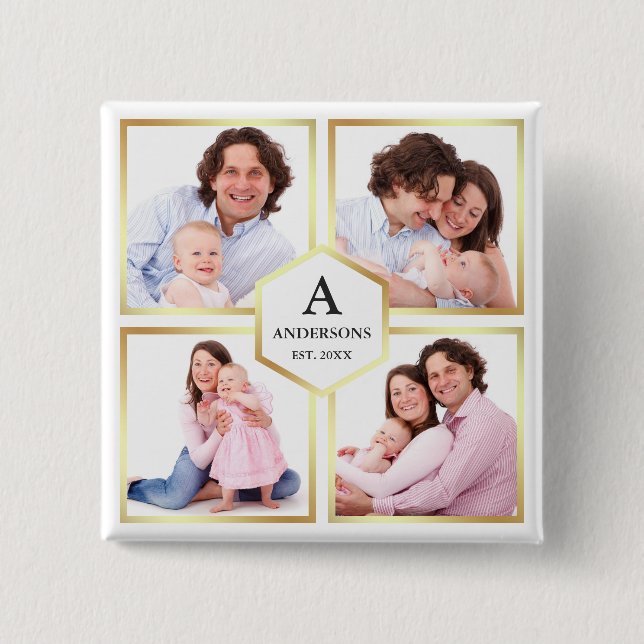 White and Gold 4 Pictures Family Foto Collage Button (Vorderseite)