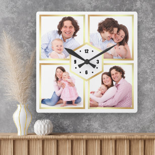 White and Gold 4 Pictures Family Foto Collage Quadratische Wanduhr