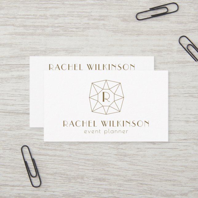 White and Gold Art Dec Gem Social Media Monogram Visitenkarte (Vorderseite/Rückseite Beispiel)