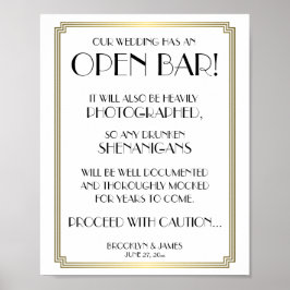 White and Gold Art Deco Gatsby Open Bar Sign 8x10 Poster