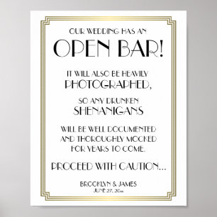 White and Gold Art Deco Gatsby Open Bar Sign 8x10 Poster