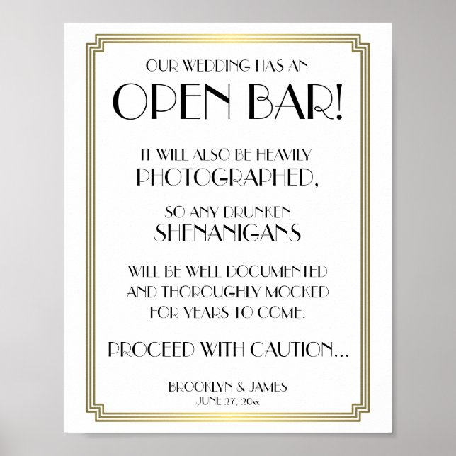 White and Gold Art Deco Gatsby Open Bar Sign 8x10 Poster (Vorne)