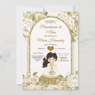 White and Gold Boho Mexican Floral Girl Tres Anos Einladung