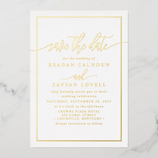 White and Gold Calligraphy Save the Date Foil Card Folieneinladung (Vorderseite)