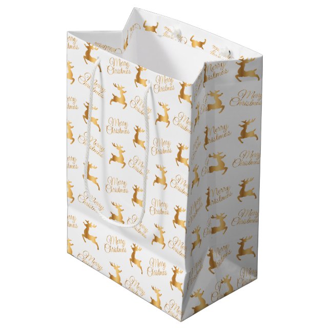 White and Gold Christmas Reindeers Mittlere Geschenktüte (Vorderseite Schrägansicht)