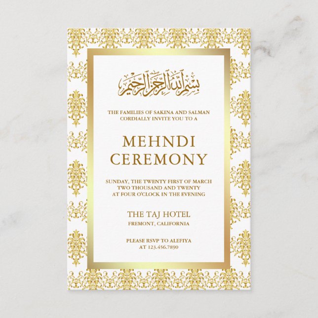 White and Gold Damask Islamic Mehndi Begleitkarte (Vorderseite)